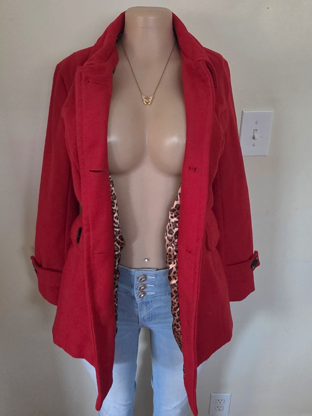 Wet Seal Red Peacoat with Leopard Lining